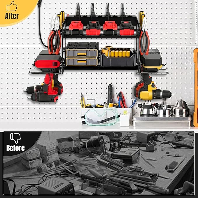 Power Tool Organizer Wall Mount, 2 Layers Heavy Duty 4 Cordless Drill Holder Tool Storage Rack with 8 Power Strip Battery Cha