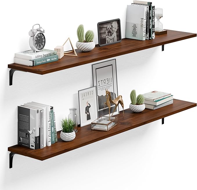 12 Inch Deep Floating Shelves Set of 2, 60 Inch Extra Wide Solid Wood Wall Shelves, 5ft Heavy Duty Wall Mounted Bookshelf wit