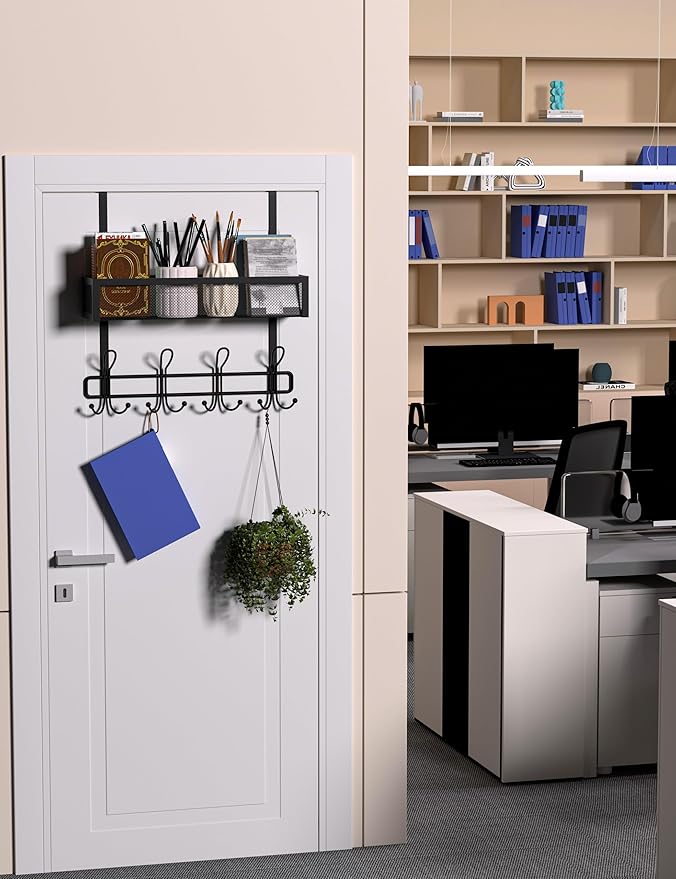 Over The Door Hooks Organizer Storage - Over The Door Hanger for Coat Rack, Storage with 12 Hook & 2 Mesh Baskets, for Bathro