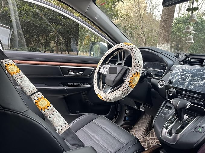 Handmade Crochet Sun Moon Car Steering Wheel Covers Universal 14-15 inch,Cute Steering Wheel Cover,Car Accessories (Wheel Cover+2belt Cover+2Coaster+Hanging)