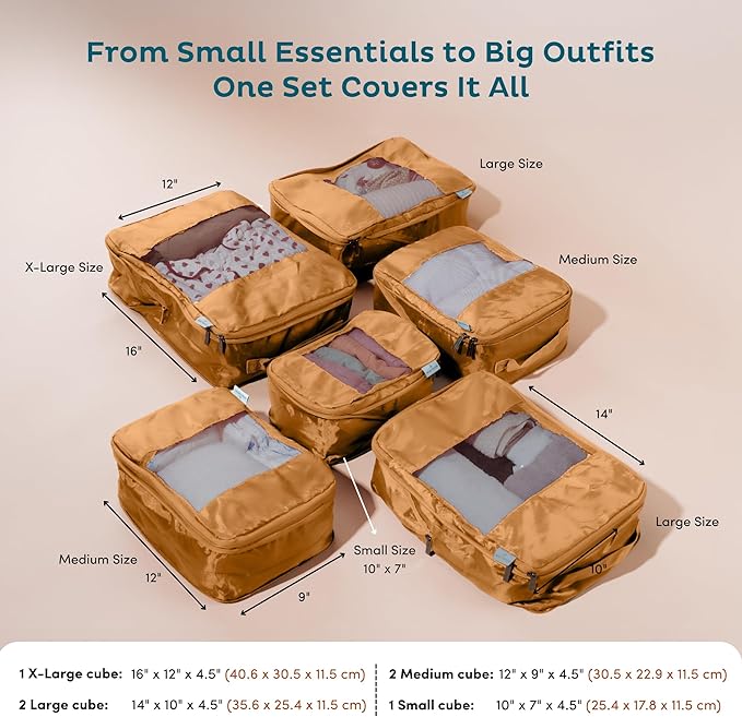 6-Pack Large Compression Packing Cubes for Travel - Lightweight Compression Packing Cube Set, Water-Resistant Luggage Organiz