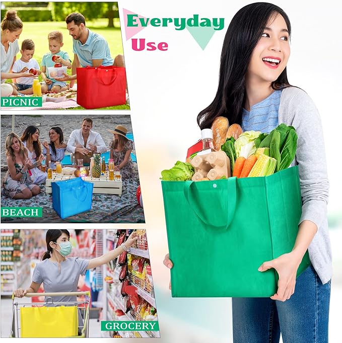 Boao 48 Pack Reusable Grocery Bags 13''L x 9.4''W x 15''H Large Foldable Shopping Tote Bag Non Woven with Handle and Button