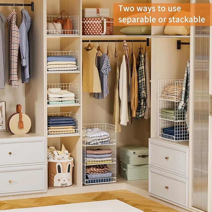 Yociyoga Closet Organizers and Storage Basket- 3-Tier Stackable Storage Bins, Foldable Closet Shelf Organizer Basket, Stackab