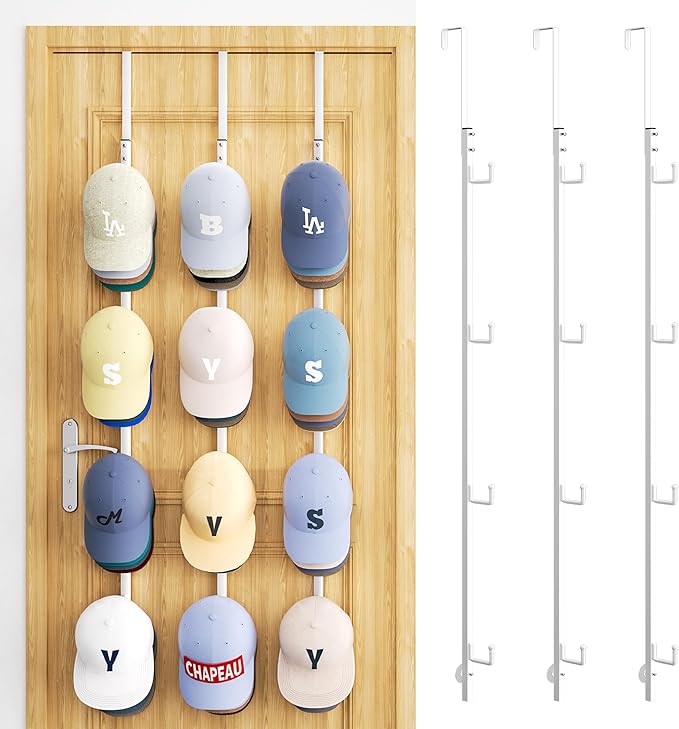 SWTYMIKI Over Door Hat Organizer - 3 Packs Metal Hanging Hat Rack with 12 Hooks Design, Baseball Cap Hanger Organizer Storage