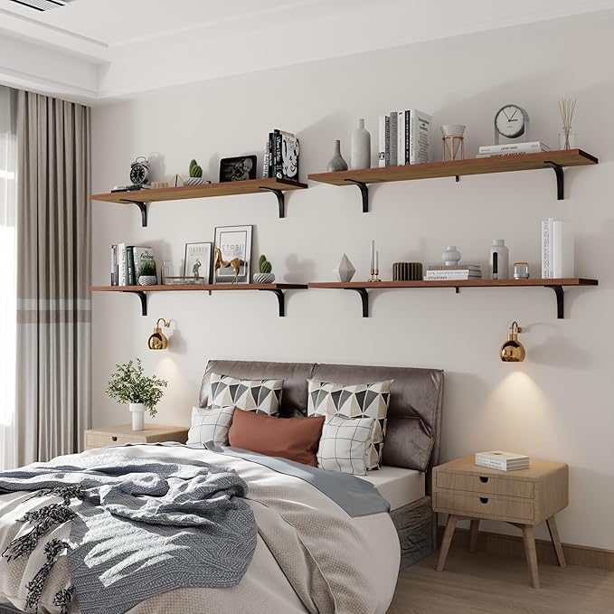 12 Inch Deep Floating Shelves Set of 4, 48 Inch Extra Wide Brown Solid Wood Wall Shelves, 4ft Heavy Duty Farmhouse Wall Mount