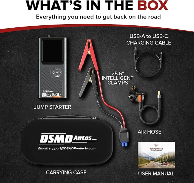 Jump Starter with Air Compressor, Portable Car Battery Jump Starter, 150 PSI Tire Inflator & Battery Booster - Starts