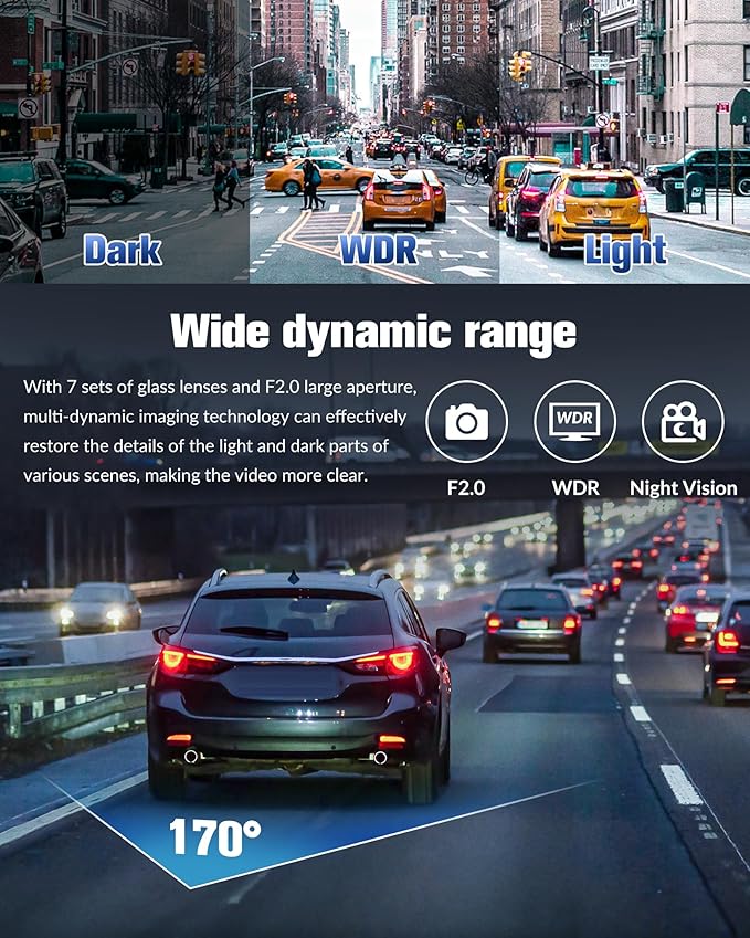 Dash Camera for Cars,4K Full UHD Car Camera Front Rear with 32GB Card,Built-in Super Night Vision,2.0'' IPS Screen,170°Wide A