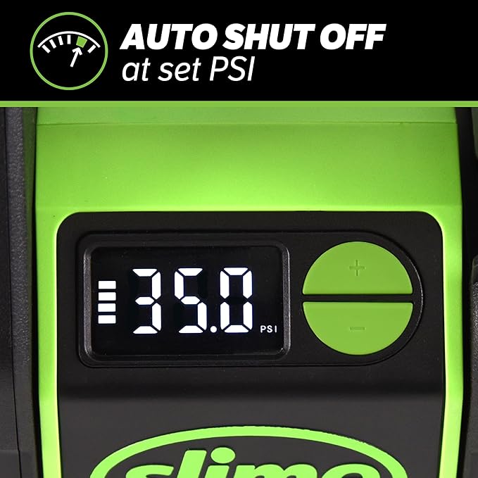 Slime 40086 Tire Inflator, Cordless, Pro Power, Portable Air Compressor Pump, Auto Shut-Off, Lithium Ion Battery and LED Light, Rechargeable, 3 min inflation