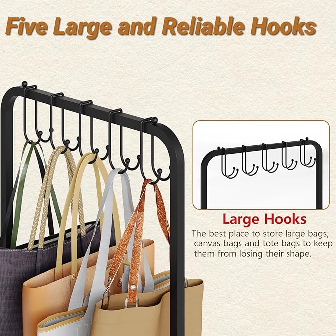 Floor-Standing Purse Organizer for Closet with 5 Hangers & 6 Side Hooks, Tall Purse Rack Stand for Purse Storage, High-Capaci