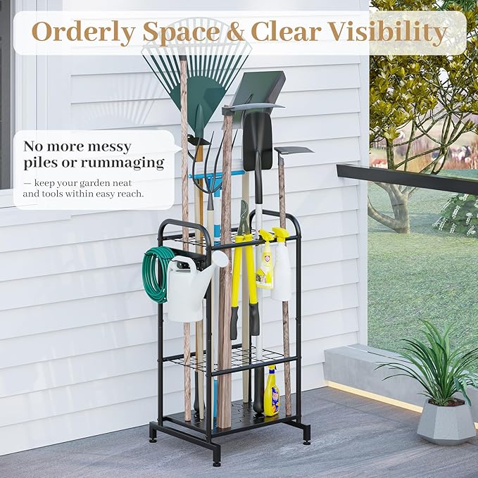 Garden Tool Organizer, Garage Tool Storage Rack, Heavy Duty Metal with Side Pegboard & Adjustable Hooks, Utility Racks for Sh
