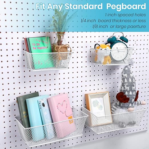 Sieral 4 Pcs Pegboard Baskets Metal Wire Shelf Baskets Peg Board Organizer Accessories Wall Mount Organizer Attachments for G