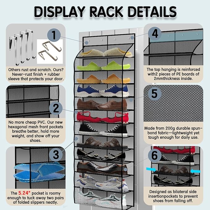 Kotkn Over The Door Shoe Organizer with 12 Large Breathable Pockets - Durable Hanging Storage for the Entire Family's Shoes (