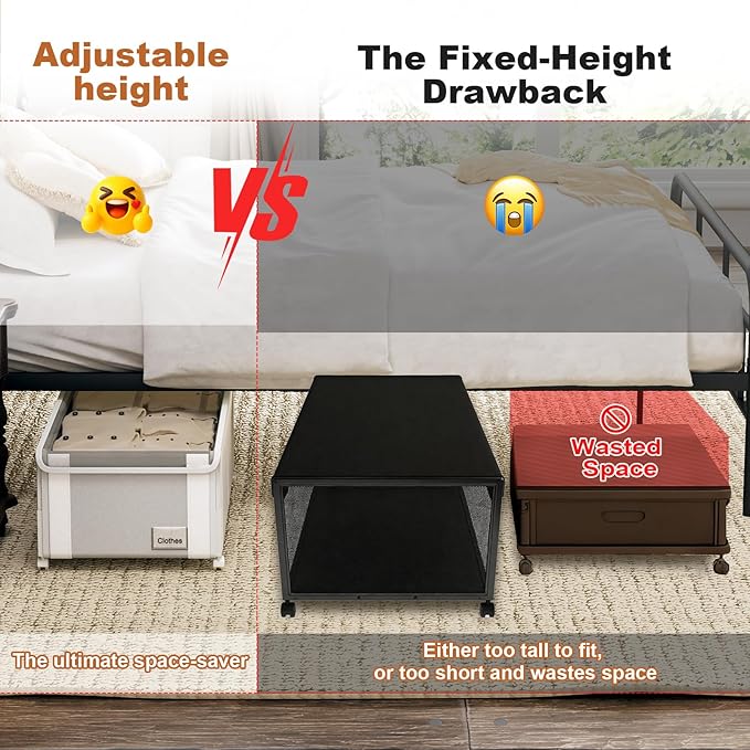 2Pack Under Bed Storage with Wheels,9.5"-12"Tall Adjustable Height Underbed Storage,Deep Under Bed Storage Containers,Rolling