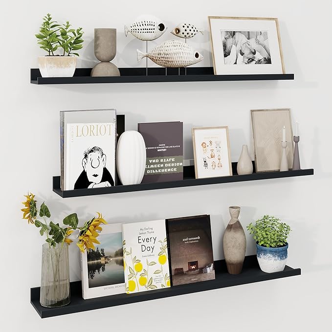 Axeman 40 Inch Floating Shelves | Black Picture Ledge Shelf Set of 3 | Rustic Wood Wall Shelves with Lip | 40" Black Picture 