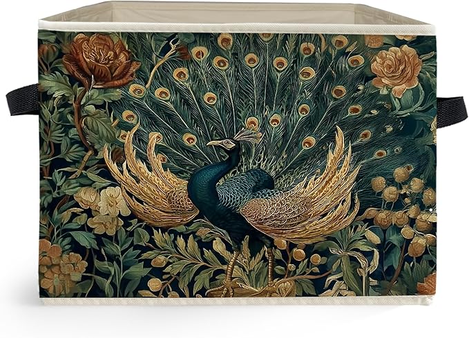 Peacock Floral Storage Box Bins, Vintage Cottagecore Wildflower Peacock Collapsible Storage Basket Organizer for Bedroom Laun