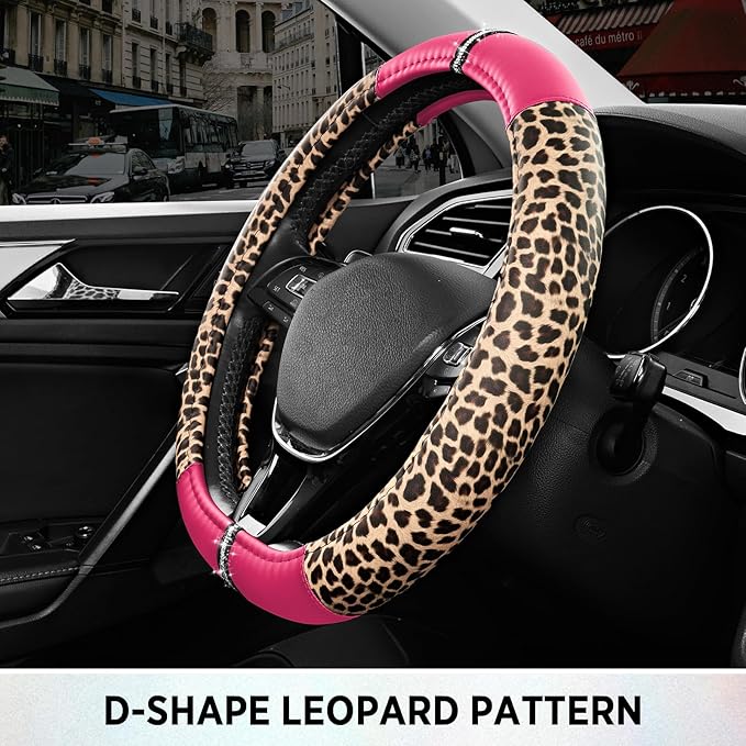 Road Comforts Leopard Steering Wheel Cover for Women, Cute Anti-Slip Microfiber Leather, Fits D Shape Flat Bottom Steering Wh