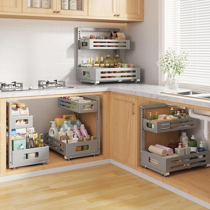 2 Pack Under Sink Organizer,Pull Out Cabinet Organizer With Smooth Cylindrical Rail,Metal Slide Out Drawer for Kitchen Bathro