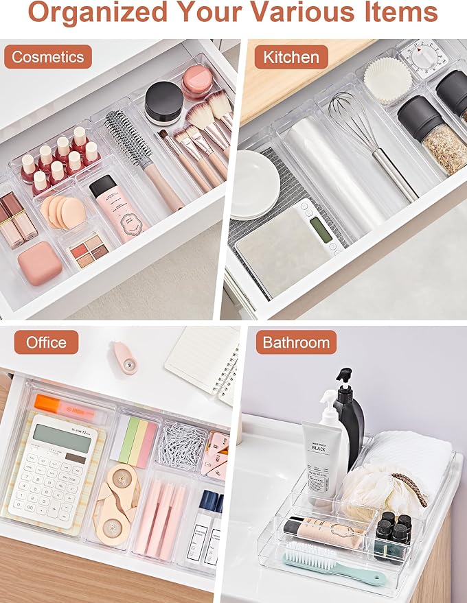 SMARTAKE 37-Piece Drawer Organizer with Non-Slip Silicone Pads, 4-Size Desk Drawer Organizer Trays Storage Tray for Makeup, J