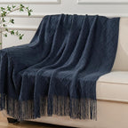 BATTILO HOME Navy Blue Throw Blanket with Fringe, Geometric Bed Blue Throws, Spring Decorative Large Throw for Couch Sofa Ind
