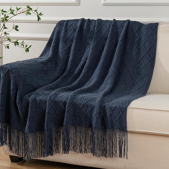 BATTILO HOME Navy Blue Throw Blanket with Fringe, Geometric Bed Blue Throws, Spring Decorative Large Throw for Couch Sofa Ind
