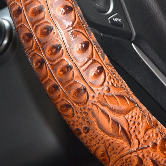 Car Steering Wheel Cover Universal 15 inch Auto Antislip Leather Protector Flower Grain Brown