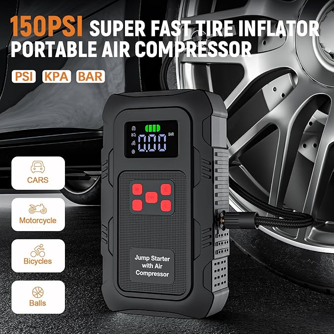 5000A Jump Starter with Air Compressor,A1 Car Jumper Starter with 150PSI Tire Inflator 12V Jump Box with LCD
