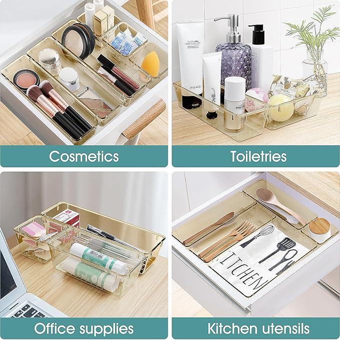 WOWBOX 25 PCS Plastic Drawer Organizer Set, 4 Sizes Desk Drawer Divider Organizers and Storage Bins for Makeup, Jewelry, Gadg
