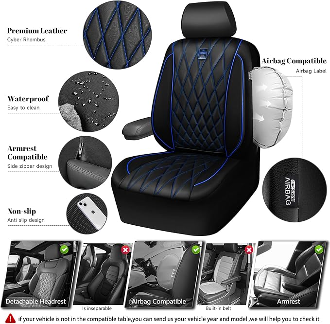 CAR PASS Piping Luxury PU Leather Two Front Car Seat Covers,Waterproof Anti- Slip Seat Covers Compatible with Front Seat Armr
