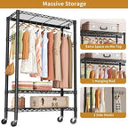 Heavy Duty Clothes Rack Rolling Garment Rack,3 Tier Adjustable Wire Shelving Clothing Racks for Hanging Clothes with Hanger R