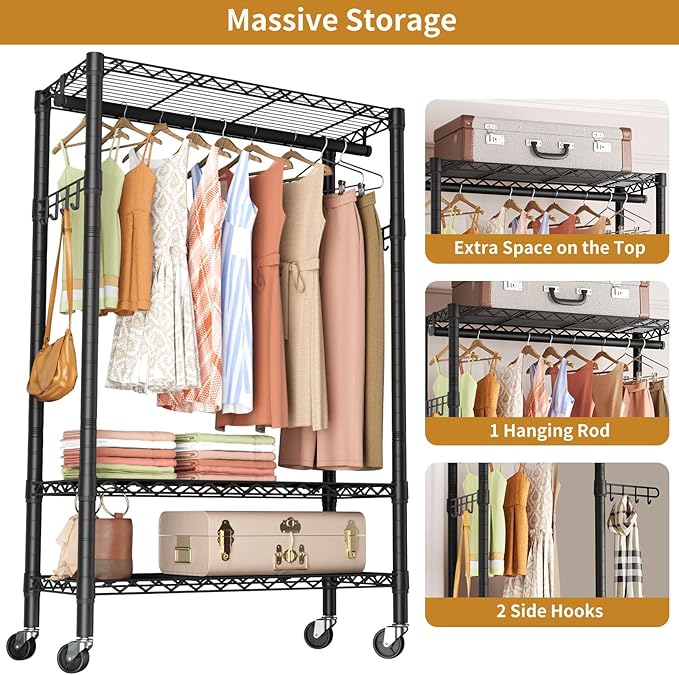 Heavy Duty Clothes Rack Rolling Garment Rack,3 Tier Adjustable Wire Shelving Clothing Racks for Hanging Clothes with Hanger R