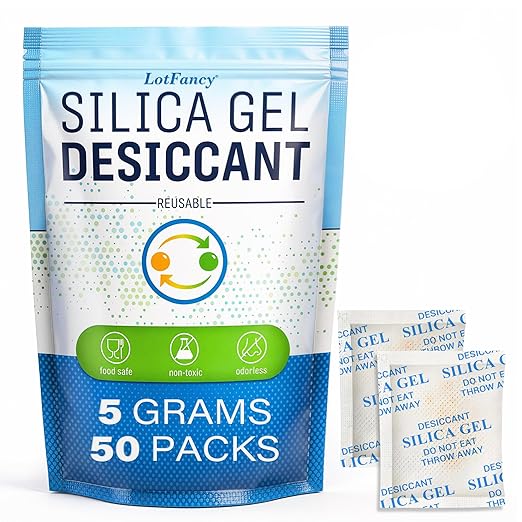 LotFancy Silica Gel Packets 5 Gram (50 Pack), Color Indicating Desiccant - Rechargeable Moisture Absorbers for Food Storage, 