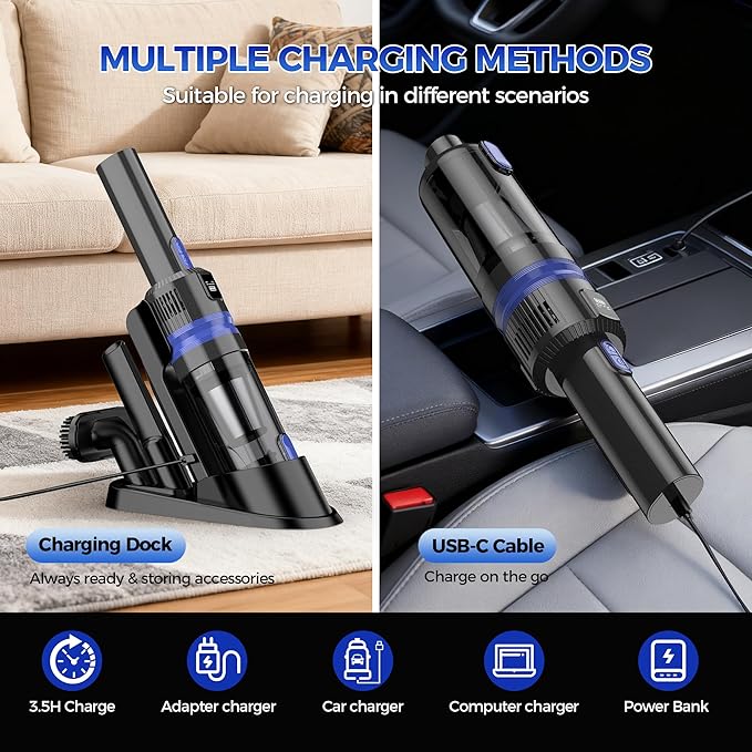 Handheld Vacuum Cordless Rechargeable 2-Speed Modes| 3-in-1 Portable Cordless Vacuum Cleaner with Charging Dock, for Car Home