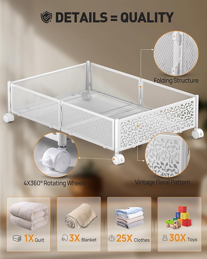 Under Bed Storage With Wheels - 60L Foldable Pattern Carved Metal Container, Rolling Underbed for Shoes, Clothes, Blankets - 