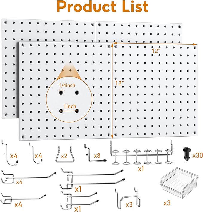 Peg Board, 68PCS Heavy Duty Metal Pegboard with Hooks, 4 Pack White Peg Board Panels, 50lbs Load Capacity Each, Pegboard Wall