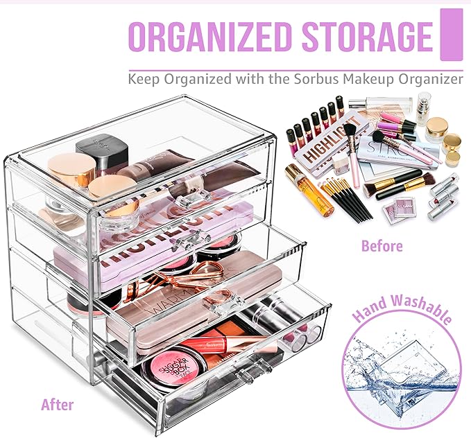 Sorbus Acrylic Makeup Organizer Set, 4-Drawer Vanity & Countertop Cosmetic Storage with Wide Drawers, Clear Makeup Storage fo