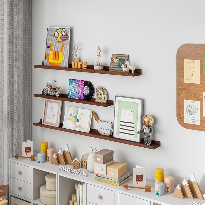 Picture Ledge Wall Shelves 24 inch Width Set of 2, Solid Pine Wood Rustic Floating Ledge Shelves for Wall for Kids' Room Bedr