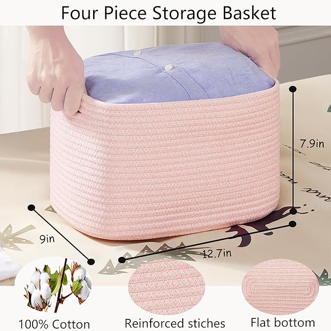 Pink Storage Bins 4 Pack Basket for Shelves Pink Rope Basket for Baby Nursery Organization 12.7"Lx9"Wx7.9"H