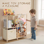 LAMU Stuffed Animal Storage and Kids Bookshelf, Wooden Toy Organizer with Large Toy Box Chest, Kids Bin Shelf Toys Box Bookca