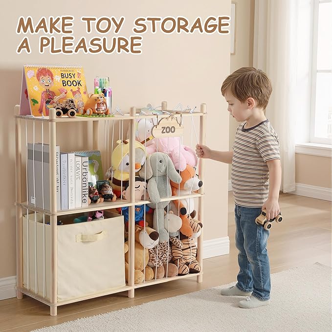 LAMU Stuffed Animal Storage and Kids Bookshelf, Wooden Toy Organizer with Large Toy Box Chest, Kids Bin Shelf Toys Box Bookca