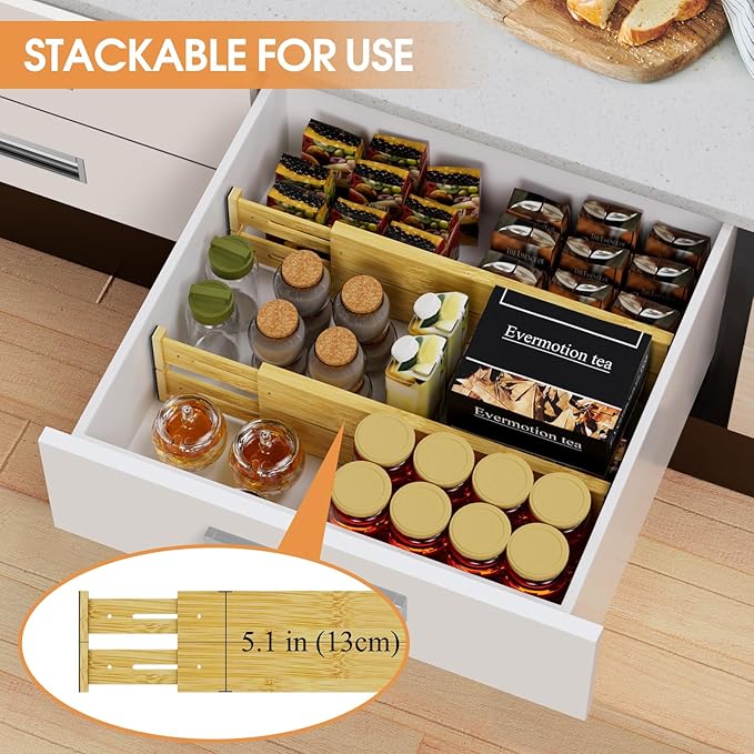 Bamboo Drawer Dividers,17-22" Adjustable Kitchen Drawer Organizer for Clothes,8 Pack Expandable Drawer Organization Separator