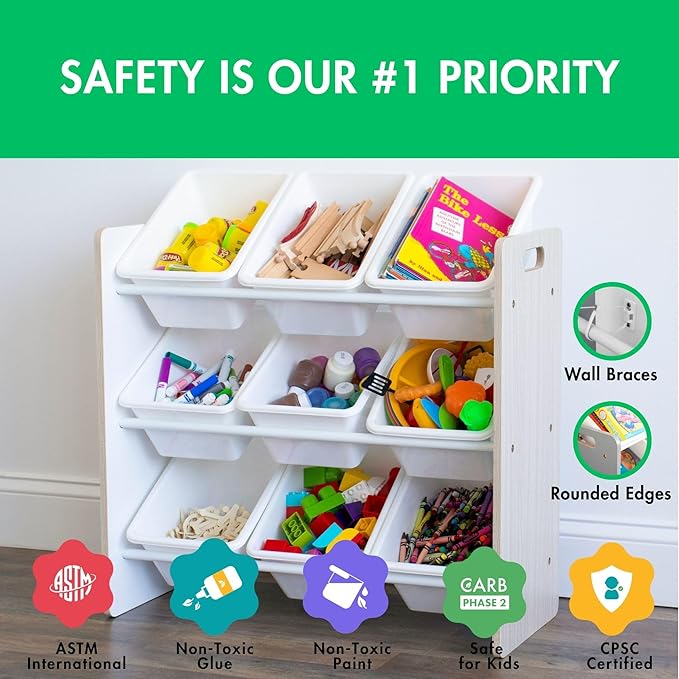 Humble Crew 9-Bin Toy Organizer – Hampton Sandwashed with White Plastic Bins, 3-Tier Storage Solution for Kids' Playrooms and