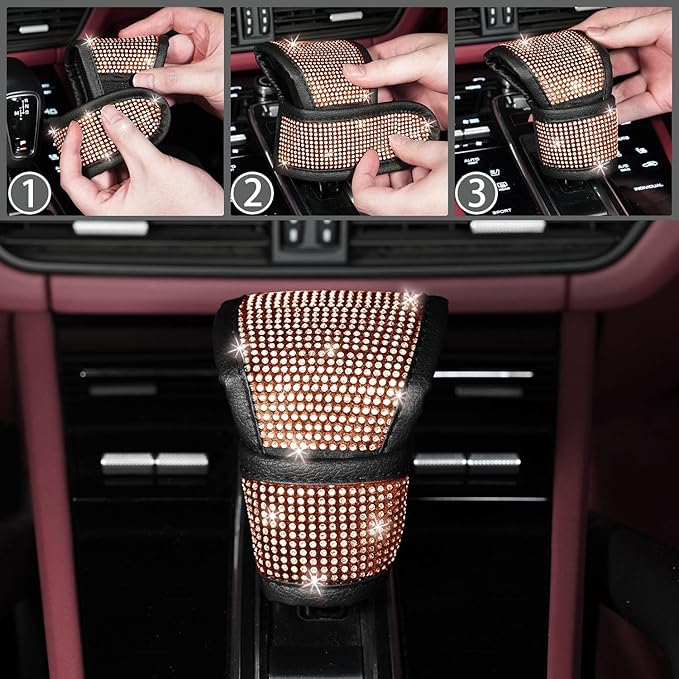 NBTEPEM 30 Pcs Bling Car Accessories Set for Women, Steering Wheel Cover Set, Bling Console Cover, Seat Belt Cushion, Shift Knob Cushion, Cup Coaster, Rhinestone Car Hanging Accessories (Champagne)