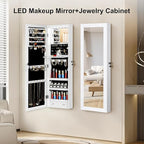 Mirror Jewelry Cabinet, Wall/Door Mounted Jewelry Armoire with Full-Length Mirror, Hanging Jewelry Organizer with LED Interio