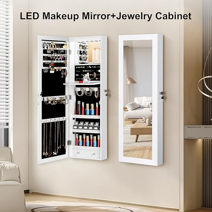 Mirror Jewelry Cabinet, Wall/Door Mounted Jewelry Armoire with Full-Length Mirror, Hanging Jewelry Organizer with LED Interio