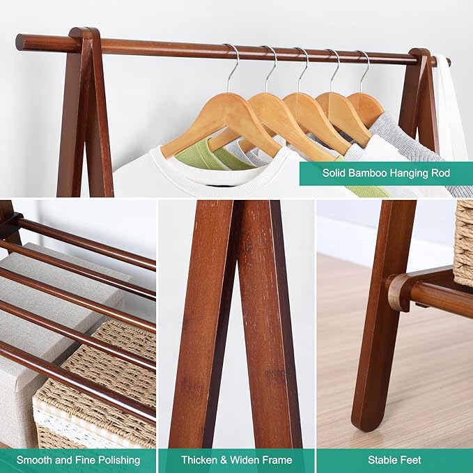 Jotsport Bamboo Clothing Rack Foldable Clothes Hanging Stand with 2 Tier Storage Shelf for Laundry, Guest Room, Apartment, En