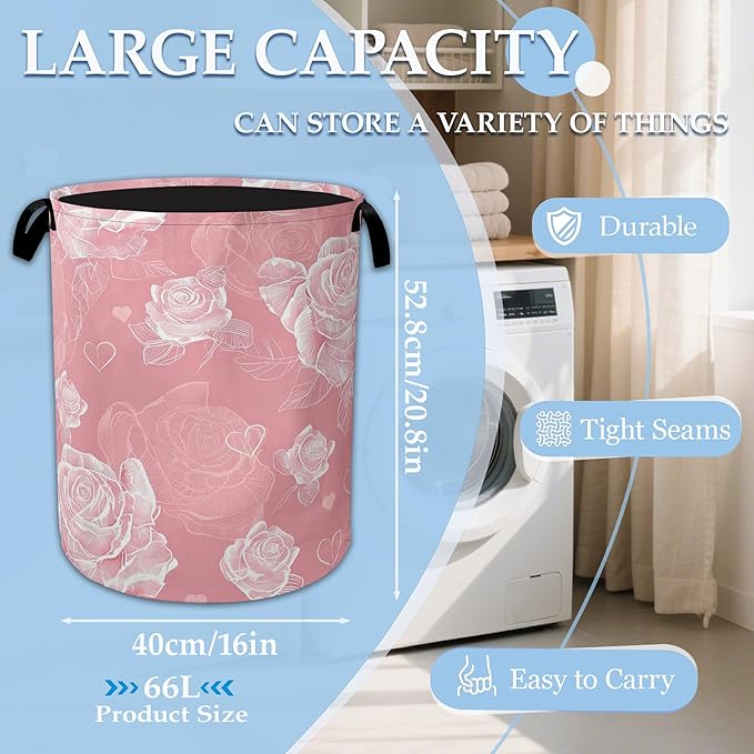 Pink Roses Large Storage Basket Collapsible Laundry Basket Oxford Storage Bin for Toy Bins Gift Baskets Bedroom Clothes Child