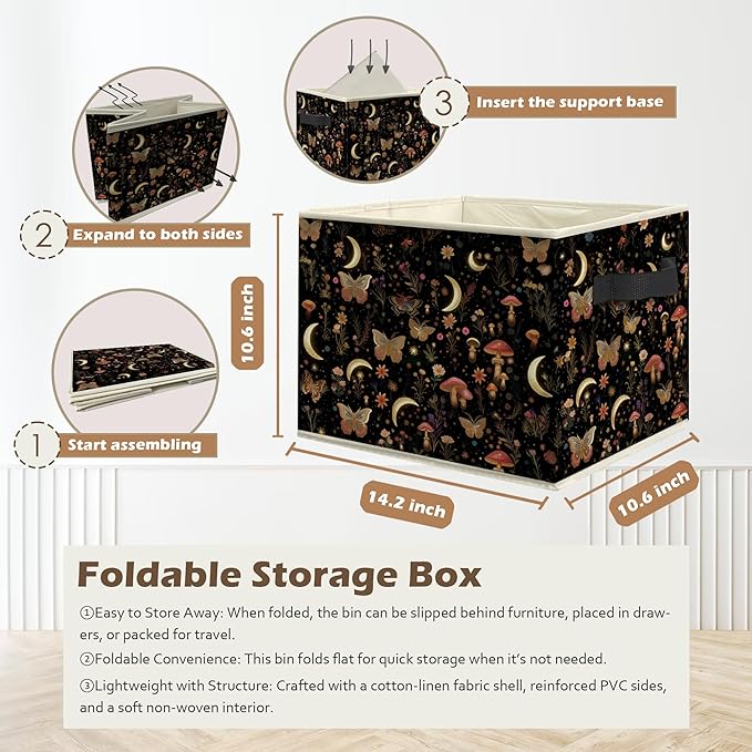 Enchanted Forest Boho Witchy Storage Box Bins, Mystical Moon Butterfly Mushroom Floral Collapsible Storage Basket Organizer f