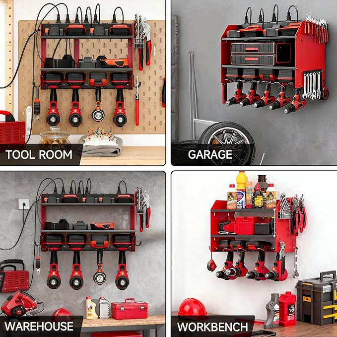 Power Tool Organizer Wall Mount with Charging Station, Heavy Duty 3 Layers Tool Storage Rack with 4 Cordless Drill Holder, Ba