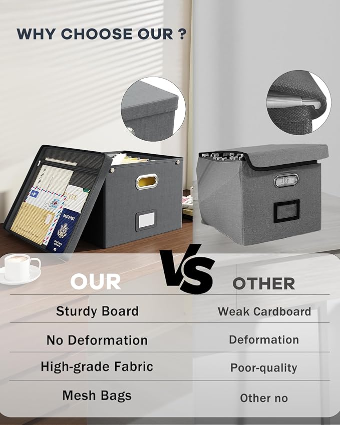 Oterri File Organizer Box with Lid,Large Hanging Filing Box with Mesh Pocket, Document Organizer for Letter Files, Portable S