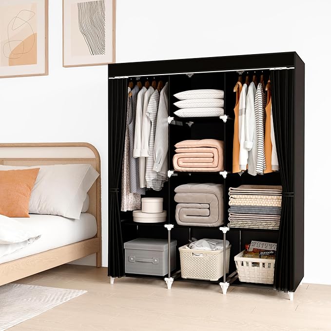 Portable Closet, 51 Inch Wardrobe Closet for Hanging Clothes with 2 Hanging Rods, 8 Storage Organizer Shelves for Bedroom, Du